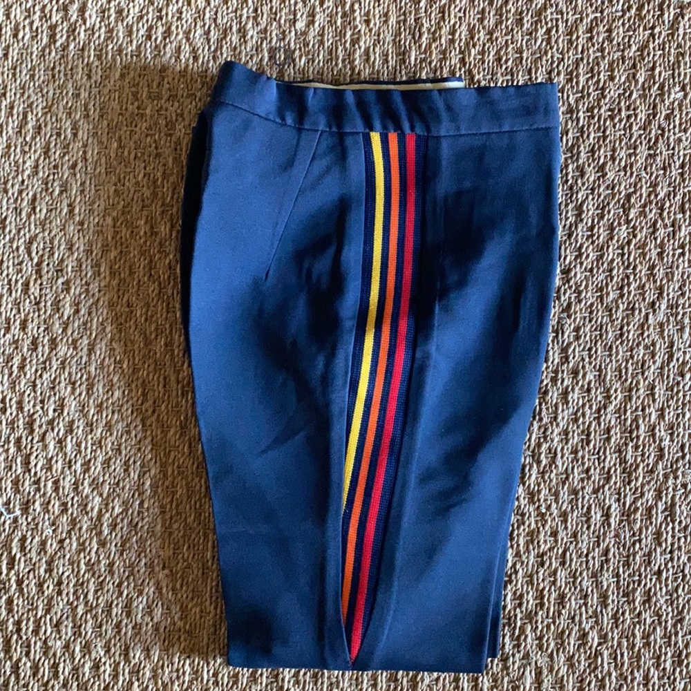 Colorful striped yellow, orange, & red navy pants